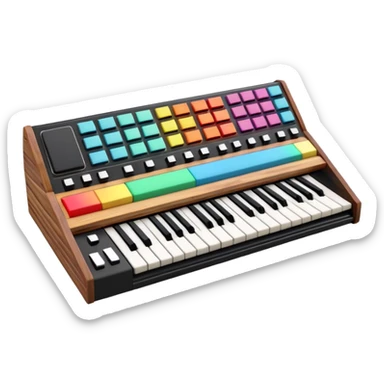 3D render of Synthesizer, vintage 1980s audio equipment aesthetic, tactile analog buttons, black matte keys with colorful rainbow slider knobs, mixed wood grain and brushed aluminum textures, Apple emoji style, isolated on white background --v 6.0 sticker