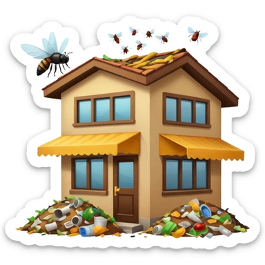 emoji-style icon of a restaurant building with a pile of trash and food scraps outside, flies and bugs around, unsanitary and dirty appearance, clear at small size, no text sticker