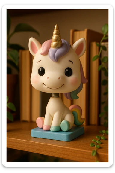 a unicorn bobblehead, pastel colors, sparkly horn, cute expression sticker