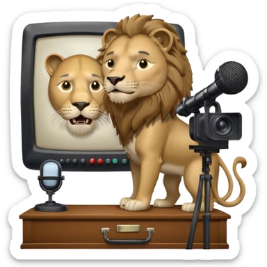 Icon for Documentary TV Show: A TV screen with a microphone, books, historical documents, and scientific symbols. Include a roaring lion or other animal, interview setup with a camera, and a serious-looking news anchor or narrator. Transparent background. sticker