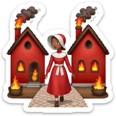 handmaids tale style woman burning house down walking away from house. shes wearing the nun hands maid tale hat cant see her face with brown hair shes wearing the red handmaids tale costume with white bonnet. walking away from the house sticker