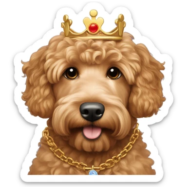 red apricot mini goldendoodle wearing golden crown and a gold chain with Dart Technologies logo sticker