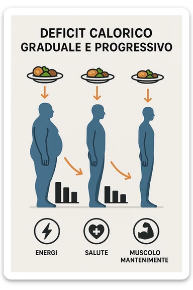 una sequenza di tre sagome umane affiancate, ognuna rappresenta una fase diversa di perdita di peso graduale. Sopra ogni figura, un piatto mostra porzioni di cibo bilanciate ma leggermente ridotte. Frecce e grafici illustrano una diminuzione lenta e costante dell’apporto calorico giornaliero, con icone che rappresentano energia, salute e mantenimento della massa muscolare. Sfondo pulito e moderno, con etichette chiare che spiegano “deficit calorico graduale e progressivo” sticker