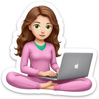 make a picture in ios 18 style of a white girl with brown long wavy hair and green eyes wearing pink pilates core pajamas and working on a laptop sticker
