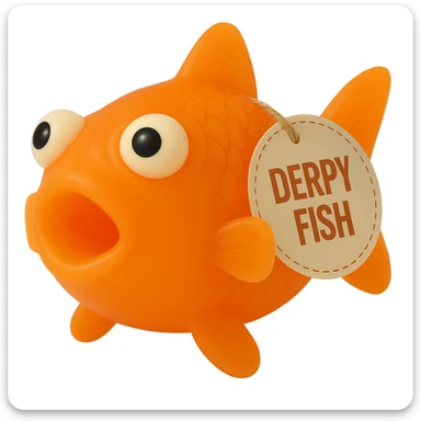 Change the body color of the Derpy Fish to match the exact bright orange color and transparency of the reference clownfish. Keep the retro 90's toy look, derpy eyes, soft plastic texture, soft reflections, soft and squishy, some cloudiness, not shiny, highly detailed, appealing, with the 'DERPY FISH' tag, no background. Match the color and transparency to the reference image as closely as possible. sticker