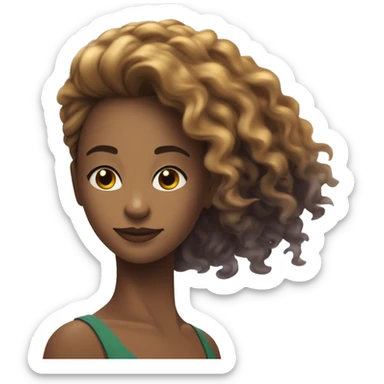 Uma mulher de cabelo loiro, olho cor de mel ,pele branca e vestindo uma armadura que tem um decote em formato de V e uma arma sticker