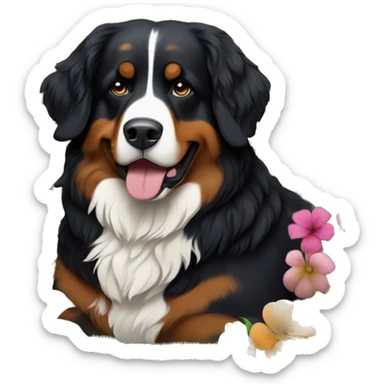 Bernese mountain dog in flower bed sticker