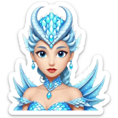 Am amazing blend of a half dragon woman with glittering jeweled scales covering her body. She has large almond shaped eyes, lush lips, and she wears a stunning luminescent gown. sticker