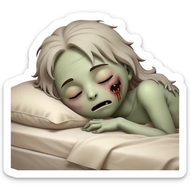 Meme-Worthy Cute Sleeping Zombie Portrait Emoji, with a delightfully quirky, slightly disheveled decaying face in soft ashen hues, head tilted back in peaceful, relaxed sleep with softly closed eyes and a tiny, endearing smile, simplified yet irresistibly charming, highly detailed with a soft eerie glowing outline that captures the gentle, unexpected cuteness of a zombie in serene repose! sticker