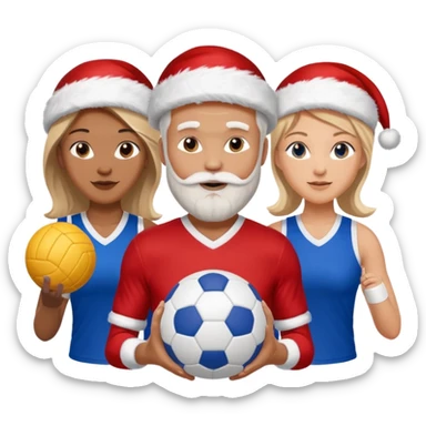 3 atletas, um homem no meio e duas mulheres com cores de pele diferentes, usando elementos esportivos, bola de futebol e bola de vôlei. Coloque um chapéu de papai noel das cores verde e com roupas azul e branco sticker