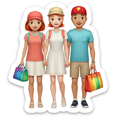 A happy family of four - father in white t-shirt and cap, mother with red hair in coral dress, young daughter in matching dress with rainbow handbag, teenage son in light embroidered shirt, all smiling together sticker