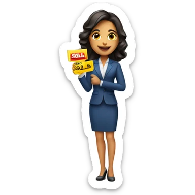 Hispanic realtor woman holding sold sign sticker