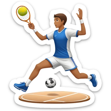 An icon showcasing a virtual sports game, featuring a player in action on the stadium or court. The design includes dynamic movement, like kicking a soccer ball or swinging a tennis racket, with a virtual scoreboard and crowd in the background. Transparent background sticker