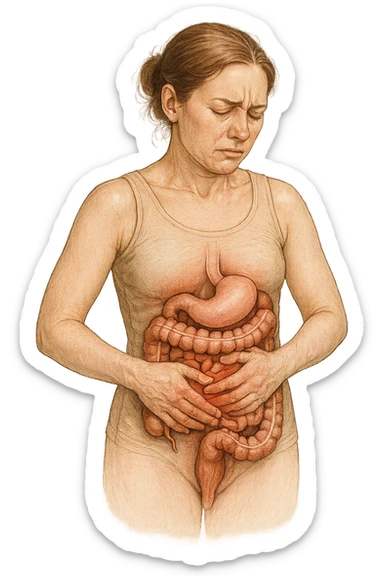 DONNA CON PANCIA DOLORANTE E INTESTINO UMANO ANATOMICO VISIBILE, ISOLATO SU SFONDO BIANCO sticker