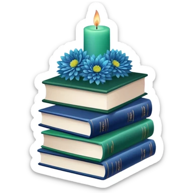 A green book stack adorned with blue chrysanthemums and a deep blue candle  sticker