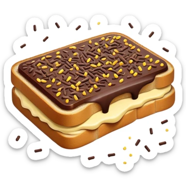 Hagelslag Cinematic Realistic Hagelslag Treat Emoji, depicted as crunchy chocolate sprinkles scattered on a slice of buttered bread, rendered with vivid textures and playful, inviting lighting. sticker