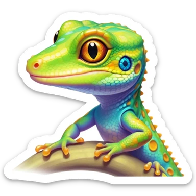 Cinematic Cute Gecko Portrait Emoji, Head tilted playfully and inquisitively, featuring a small, charming body with smooth, vividly patterned scales, bright, sparkling eyes and delicate, sticky toe pads, Simplified yet irresistibly adorable features, highly detailed, glowing with a warm, inviting glow, high shine, affectionate and lively, stylized with a touch of tropical whimsy, soft glowing outline, capturing the essence of a mischievous yet loving gecko that appears ready to dart out of the screen into your heart! sticker