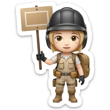 Create a cute emoji-style PUBG Mobile character, chibi version with helmet and backpack, standing in victory pose, holding a blank white sign or paper sheet in both hands in front of chest, ready for text, clean white background, simple emoji design” sticker