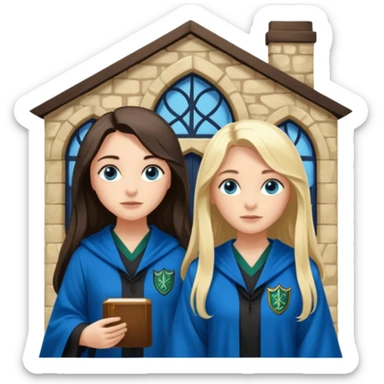 a pretty ravenclaw girl with long dark brown hair and blue eyes standing with a pretty Slytherin girl with long blonde hair, blue eyes sticker