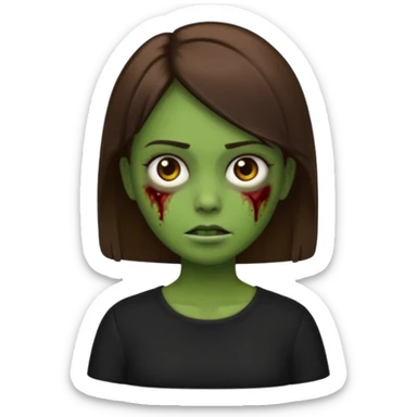Zombie girl emoji verde um pouco escuro com cabelo curto liso castanho no ombro com uma blusa preta sticker