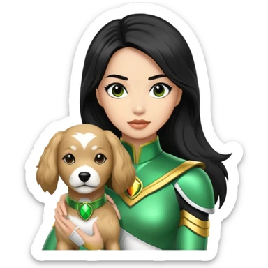 female green power ranger with wasian features, long black hair, and a fully light brown cockapoo dog at her side sticker