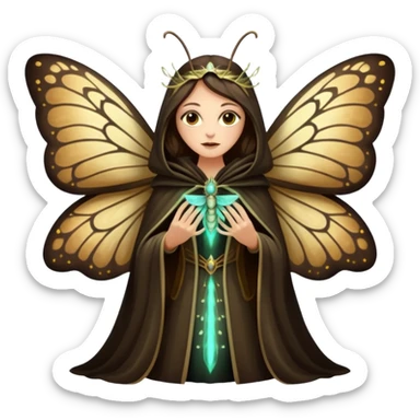 mystical woodland woman dressed as moth queen, velvet wing cloak, glowing dust sticker