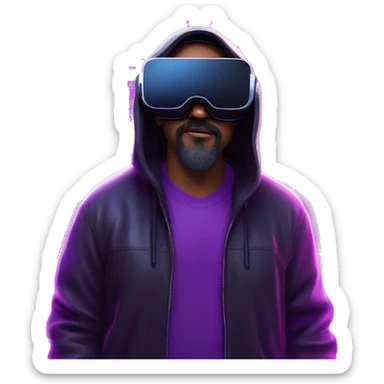 Big Lebowski wearing a black hoodie with "OMG" letters on it and VR headset oculus quest 2 in a cyberpunk VR environment with violet neon lighting. sticker