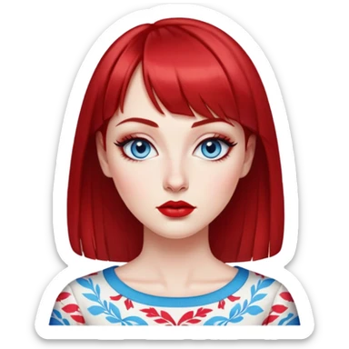 Creative woman with fair skin, oval face, striking blue eyes with eyeliner, thin eyebrows, small nose, medium lips with bright lipstick, dark red hair with straight bangs, wearing a red and white printed top, artistic expression sticker