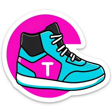 Minimalist sticker with white 'tt' letters on a black circle with cyan, magenta, and yellow dots below, sneaker with street style influence sticker