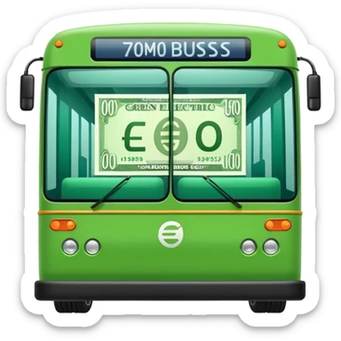 green electric bus with a large green euro bill, no text on the bus sticker