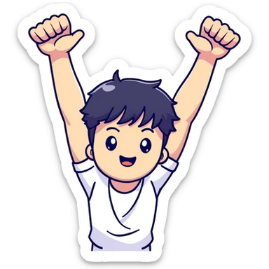 Black-haired male idol with arms up in the air, energetic performance pose, K-pop style sticker