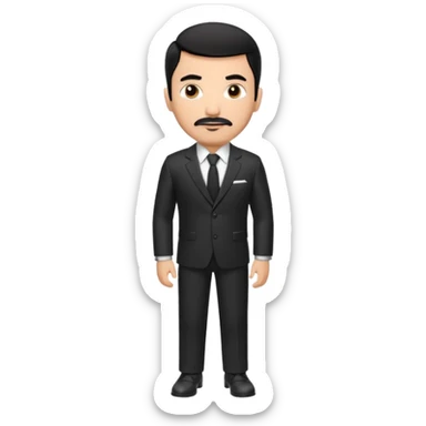 Roupa: terno preto moderno e bem ajustado, com camisa social branca sem gravata (para dar um ar mais contemporâneo), cinto de couro preto e relógio prateado. Tom de pele: médio quente
Cabelos: curtos e bem penteados PRETOS
Rosto: com bigode e cavanhaque leve, expressão firme e confiante. PRETOS sticker