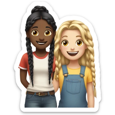 An emoji of a girl with very long blonde hair and a cheerful expression, standing next to a small girl with black hair styled in two braids, both smiling happily sticker