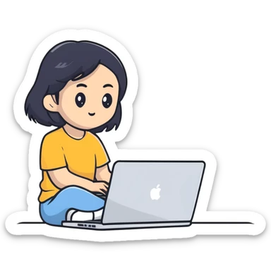 Asian girl with black hair sitting and watching a MacBook laptop sticker