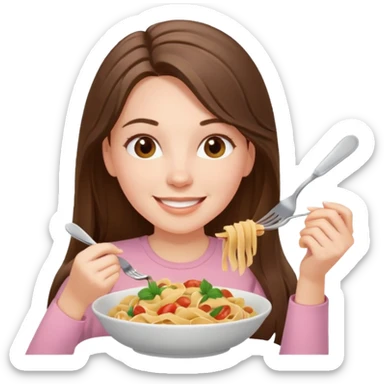 smiling white long brunette hair girl with hazel eyes in light pink with pasta sticker