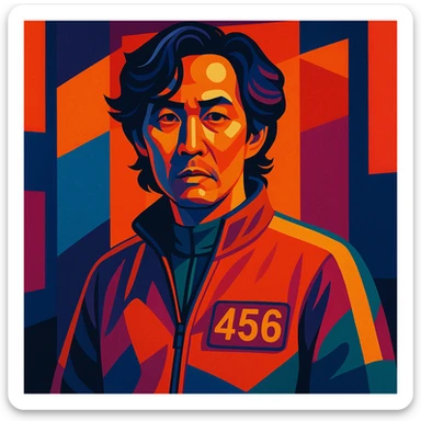 Squid Game Season 2 character, individual portrait, vibrant style, detailed face, unique outfit, dramatic lighting sticker