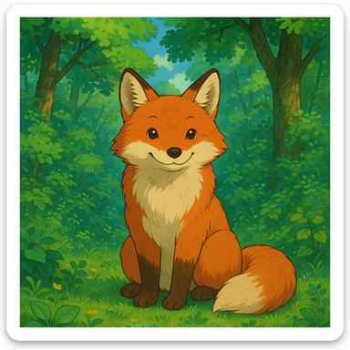 a friendly fox sitting in a lush green forest, ghibli style sticker