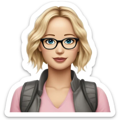 Jennifer Lawrence,  blu eyes wearing glasses and pink kiss sticker