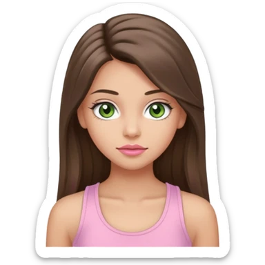 Create a teen girl wearing a light pink tank top. She will have long brunette hair, tan skin, pink lips, and grey-green eyes. She has long eyelashes. sticker