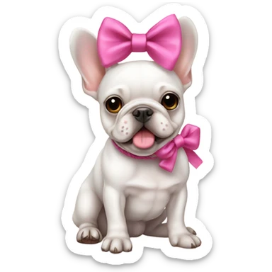 white small frenchie with a big rope with a pink bow sticker