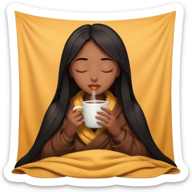 Chocolate brown girl with long straight jet black hair inside a blanket sipping coffee eyes closed sticker