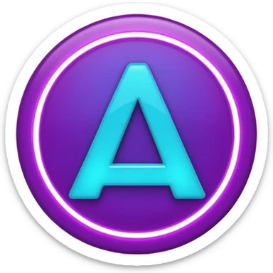 futuristic minimalistic emoji icon, letters "A" formed by three glowing digital lines representing Storm, Atom and NoizeGames, neon purple (#8B5CF6) and cyan (#00E0FF) on dark background, modern tech style, 1:1 aspect ratio sticker