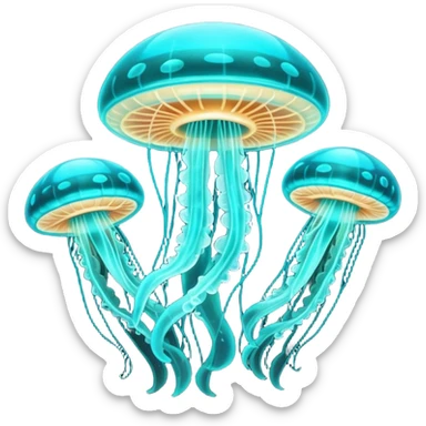 extraterrestrial futuristic otherworldly cyan bioluminescent neon-glowing aesthetic scenery jellyfish flying saucers UFOs mushroom sticker