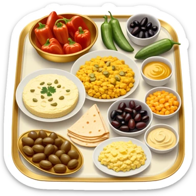 A beautifully arranged Middle Eastern breakfast spread, served in elegant golden plates., cucumbers, and bell peppers, along with olives, dates, and cheeses. There are also classic breakfast staples like scrambled eggs, cold cuts, honey, jam, and creamy cheeses.  sticker