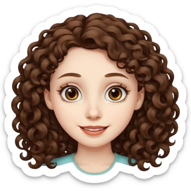Light brown eyed female with pale skin. She has big eyes, curly and long dark brown hair and thin lips smiling. sticker