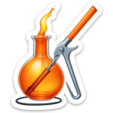 Glassworking icon, piece of glass being shaped, glassblower's pipe, molten glass, tools like glass cutters and pliers, glowing orange glass, minimalistic style, clean lines, transparent background. sticker