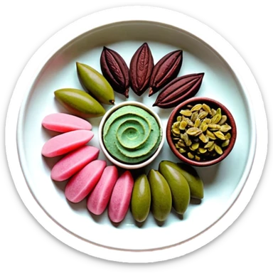 Una composición de arte en miniatura, estilo flat lay: un trozo de manteca de Karité o cacao cruda con una pequeña ramita de oliva y pétalos de rosa seca alrededor. Colores: tonos tierra, verde oliva y crema. Estilo: orgánico y de estudio fotográfico. Fondo suave. sticker