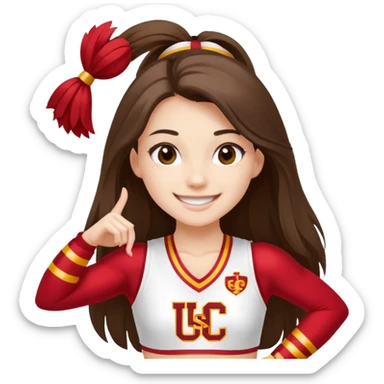 skinny white happy long haired brunette girl in a white USC cheerleader outfit with the letters USC sticker