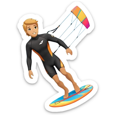 An athlete in a wetsuit riding a kiteboard, soaring over the sea waves with the kite high in the sky. The background features a vibrant blue sky and crashing ocean waves, capturing the thrill and freedom of kitesurfing in dynamic motion. sticker