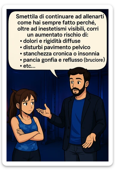 TRASFORMA QUESTO CAROSELLO IN UN FUMETTO STILE MANGA A COLORI CON QUESTE DUE PERSONE IDENTICHE CHE INTERLOQUISCONO TRA LORO, LA DONNA HA UN ESPRESSIONE PENSIEROSA MENTRE LO ASCOLTA:

LUI (UOMO): Smettila di continuare ad allenarti come hai sempre fatto perché, oltre ad inestetismi visibili, corri un aumentato rischio di:
    • dolori e rigidità diffuse
    • disturbi pavimento pelvico
    • stanchezza cronica o insonnia
    • pancia gonfia e reflusso (bruciore)
    • etc…

 sticker
